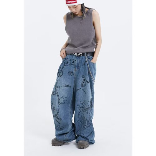 Vintage graffiti relaxed high-waisted jeans for men and women, Insta-style niche American street wide-leg pants, trendy