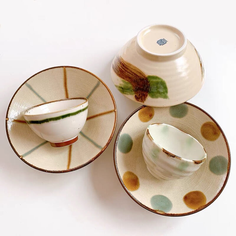 Japanese imported Showa Ceramics vintage Ryukyu polka dot Tenkusa rustic pottery tableware: deep plates, soup bowls, rice bowls, noodle bowls Japanese imported Showa Ceramics vintage Ryukyu polka dot Tenkusa rustic pottery tableware: deep plates, soup bowls, rice bowls, noodle bowls