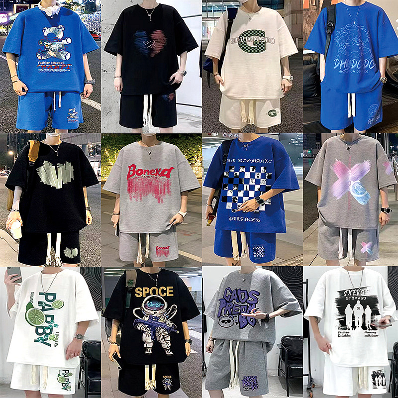 Suministro directo de fábrica traje de waffle verano de los hombres de manga corta Camiseta marca de moda juvenil ropa deportiva casual de dos piezas