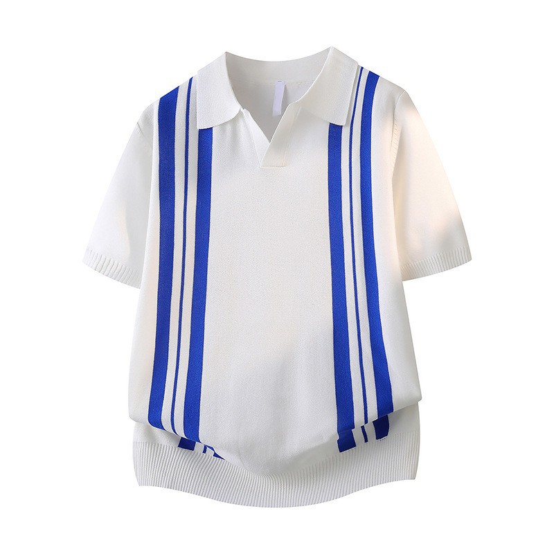 Polo camiseta de punto camiseta de manga corta hombre V-collar gaviota collar rayas verticales viejas camisetas de hielo de viento de verano fábrica transfronteriza al por mayor