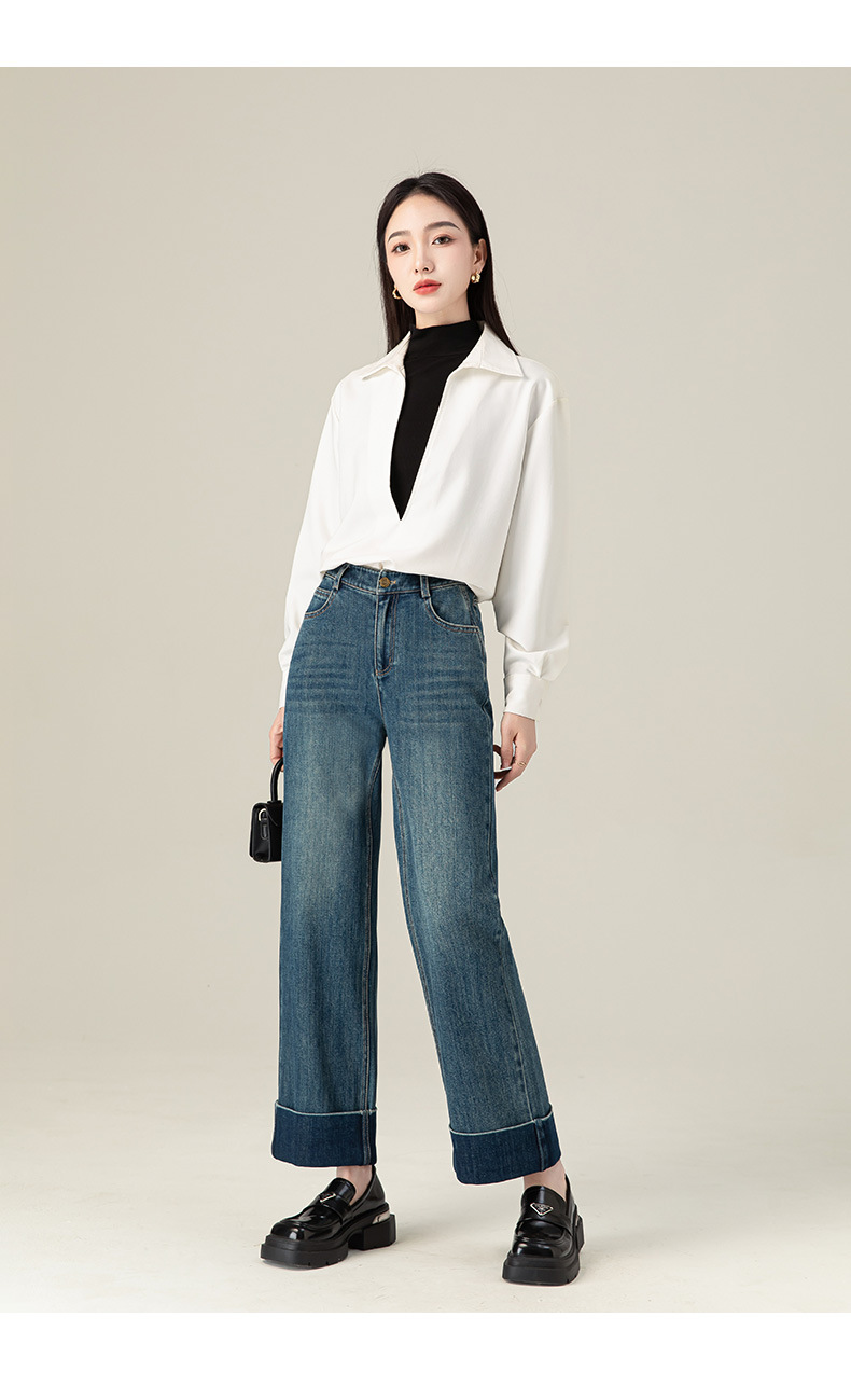 Quần jean ống đứng cạp cao Xinge chất Tencel mềm rủ, gấu gập cho nữ dáng nhỏ — Xanh đá quý chi tiết 21