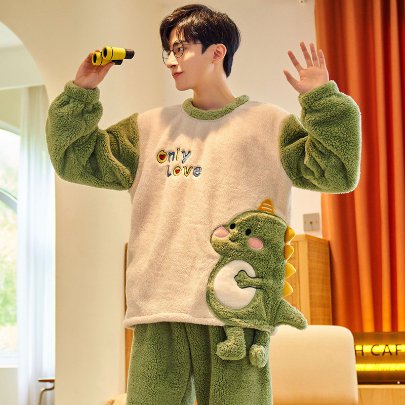 2023 pijamas de pareja de mujer de manga larga de felpa cálida suelta de dibujos animados de franela casual ropa de hogar traje de hombre
