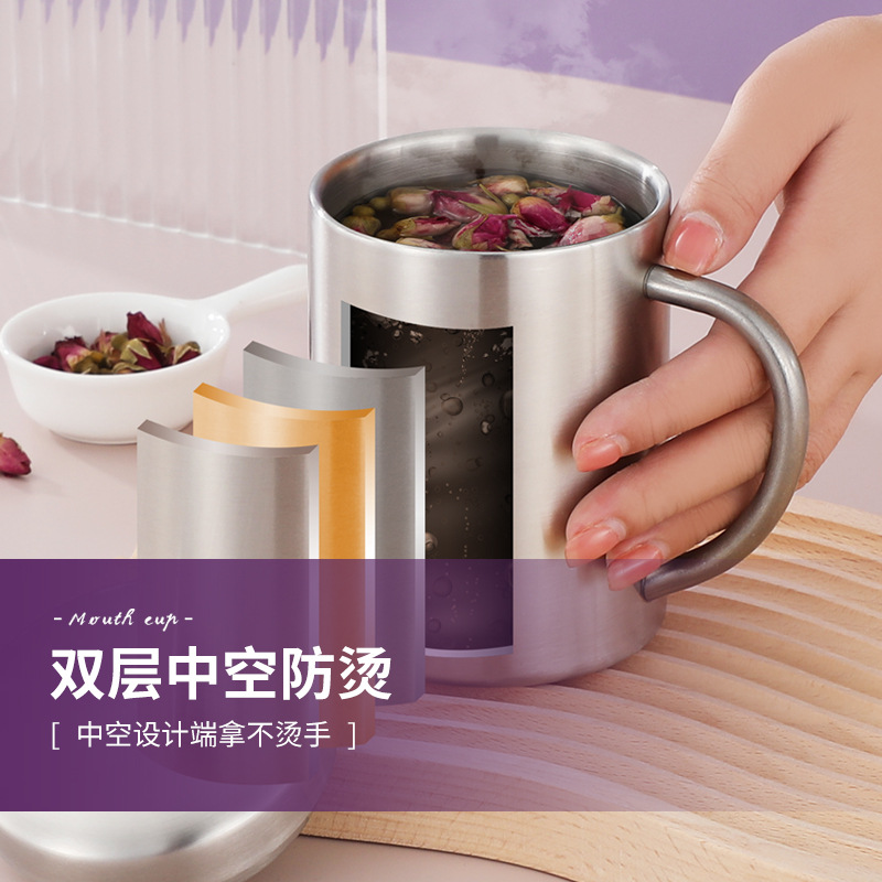 304 stainless steel water cup children's cup household with lid and handle anti-fall cup wholesale food grade student use small