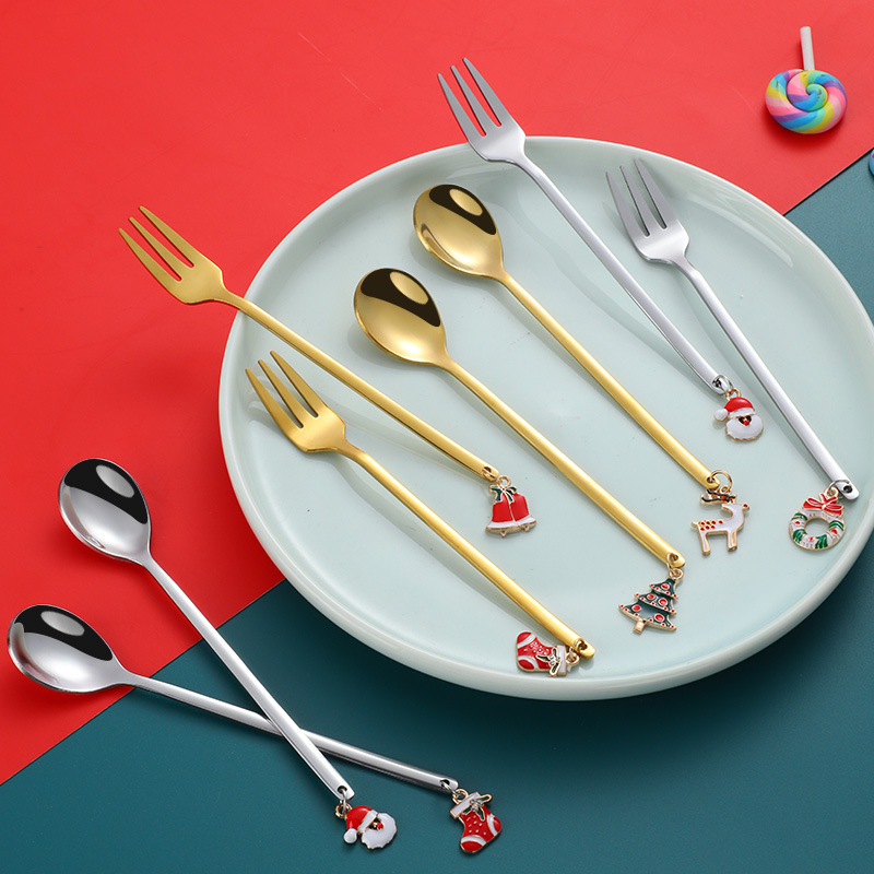 Juego de cuchara de acero inoxidable de Navidad de dibujos animados Cuchara pequeña linda de alto valor Cuchara de postre dorado Cuchara para mezclar café