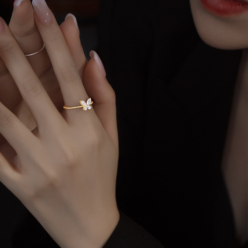 S925 sterling silver plated 14K gold zircon butterfly ring women's niche simple and slender temperament Japanese simple ring ins
