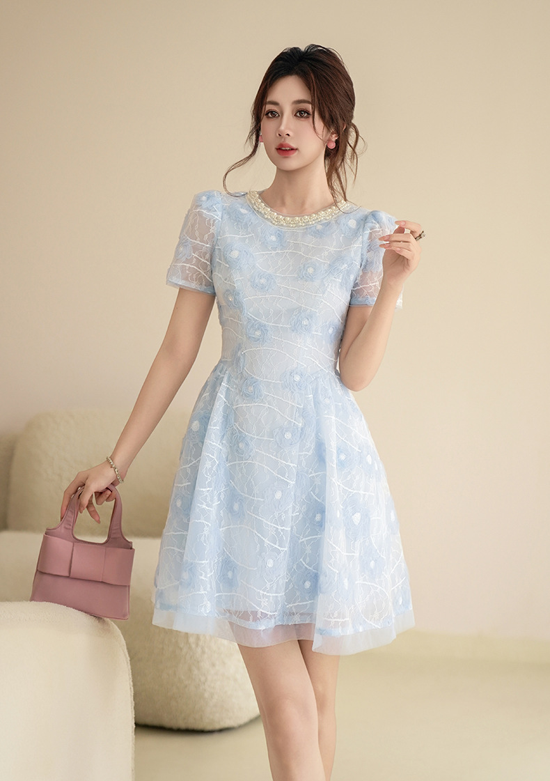 Váy cổ tròn chữ A ngắn tay mùa hè phong cách retro Pháp eo thon — màu xanh chi tiết 1