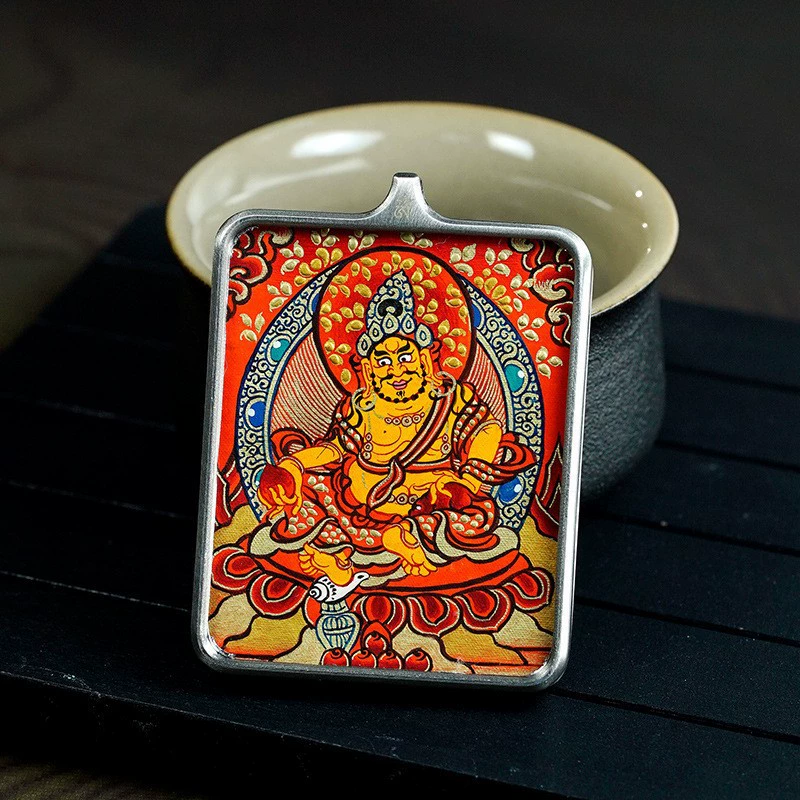 Thangka Yellow Fortune God Zakiram Wenshu Pharmacist Lvdu Mother Tibetan Thangka retro titanium steel pendant