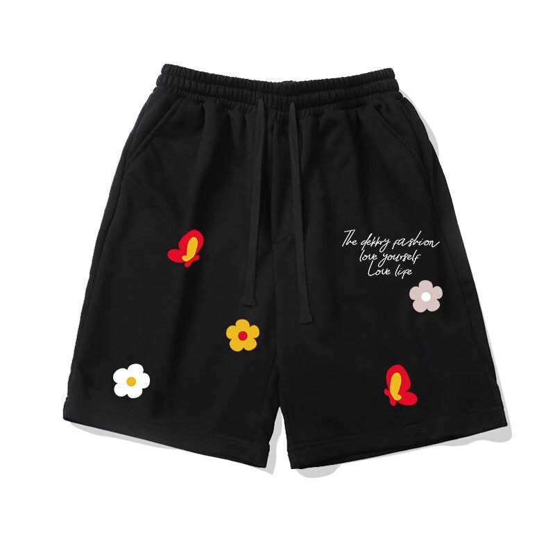 American-Style Trendy Brand Floral Letter Print Drawstring Shorts for Men, Summer 2026 Casual Loose Couple Straight Shorts
