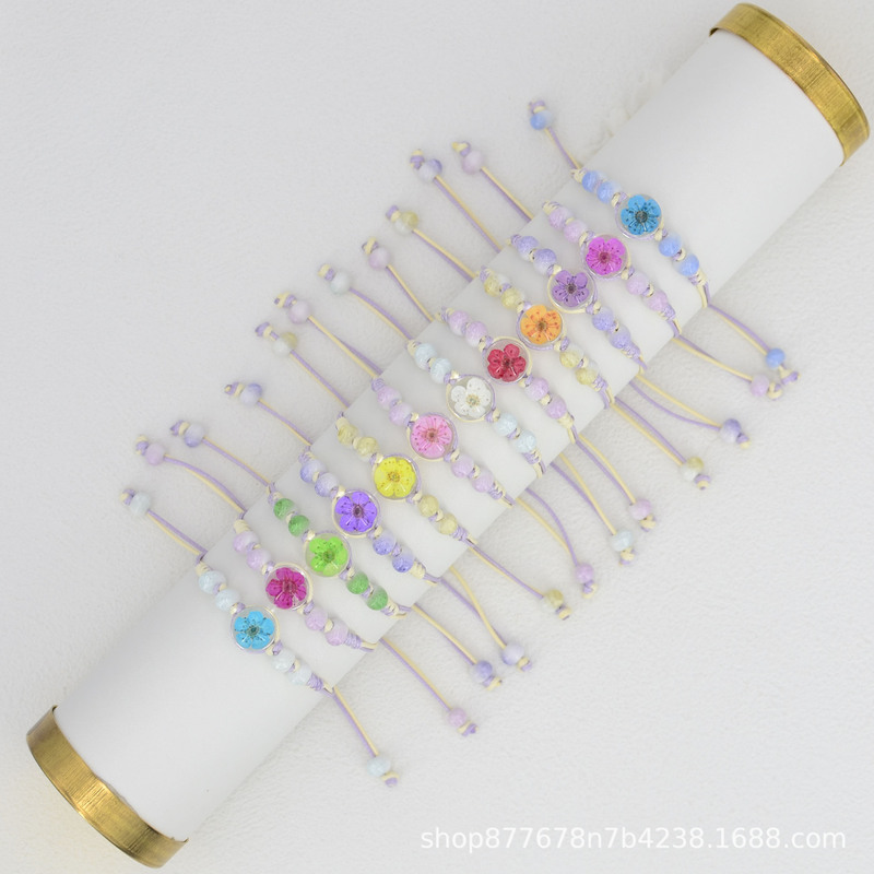 Cross-Border Hot-Selling Real Dried Flowers Cherry Blossoms Narcissus Flowers Jingdezhen Ice Crack Beads Bracelet Summer Friendship Woven Bracelet for Women