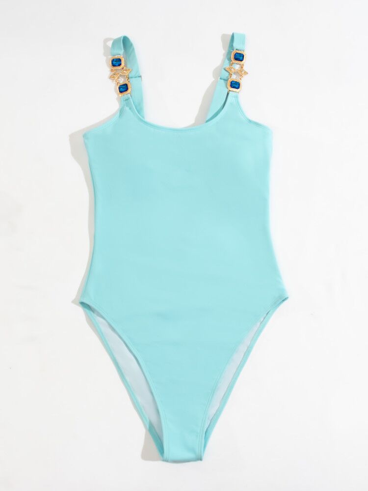 one-piece solid color sling crystal diamond backless bikini swimwear NSZO23399