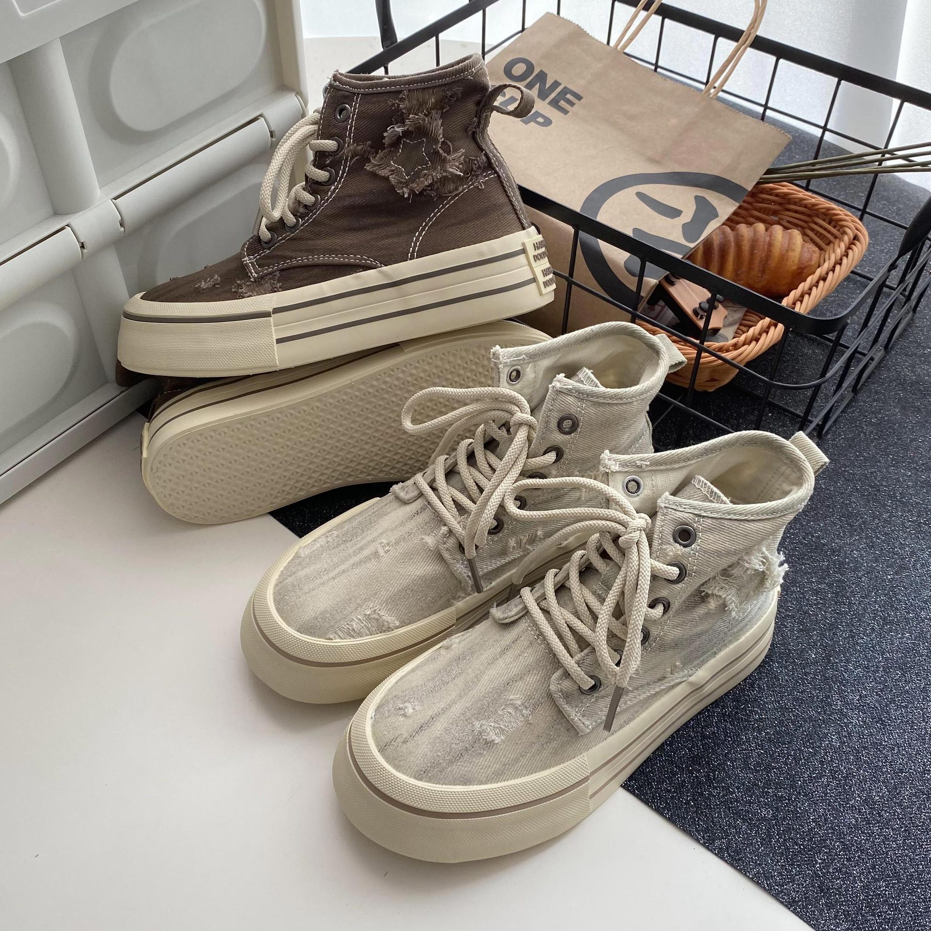 秋季厚底高帮2024年帆布鞋女学生增高韩版潮流港风牛仔色女鞋5298