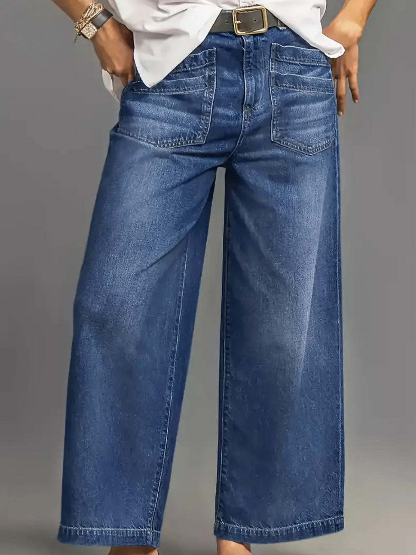 Women's Clothing Mid-Rise Wide Leg Jeans Retro Washed Cuffs Frayed Hem Slanted Pockets Cropped Length Denim_ecoleips.com
