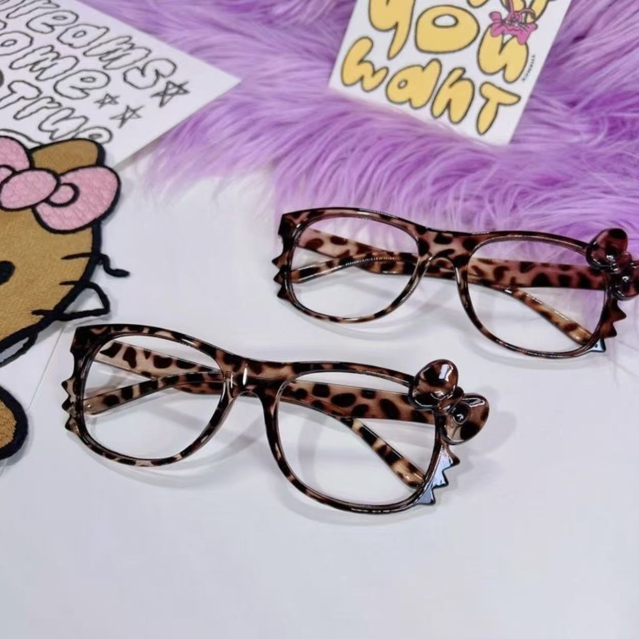Retro Kitty Cat Cute Leopard Print Pure Desire Style Eyeglass Frame Leopard Print Plain Sweet Cool Decorative Myopia Glasses