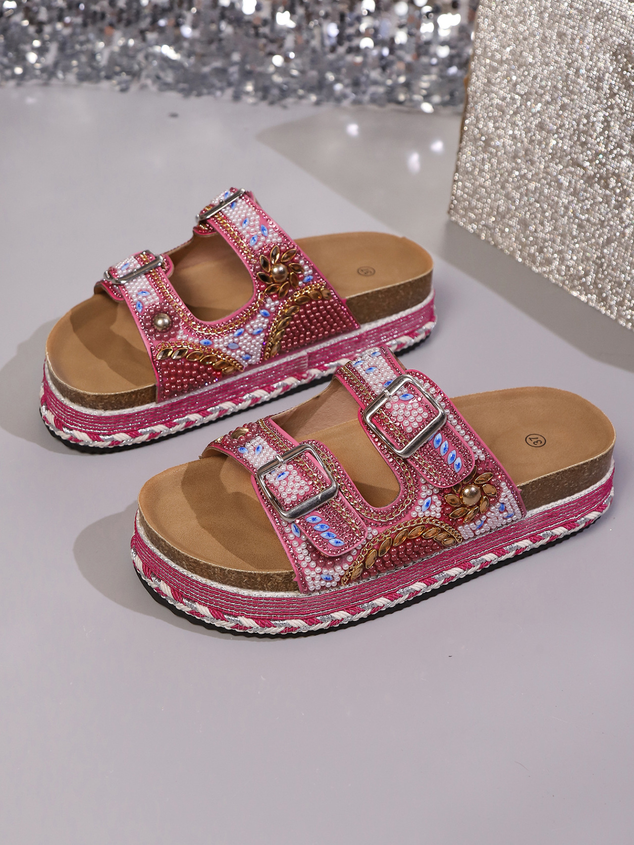 Sandale platformă damă cu strass și catarame pentru plajă_voghion.com