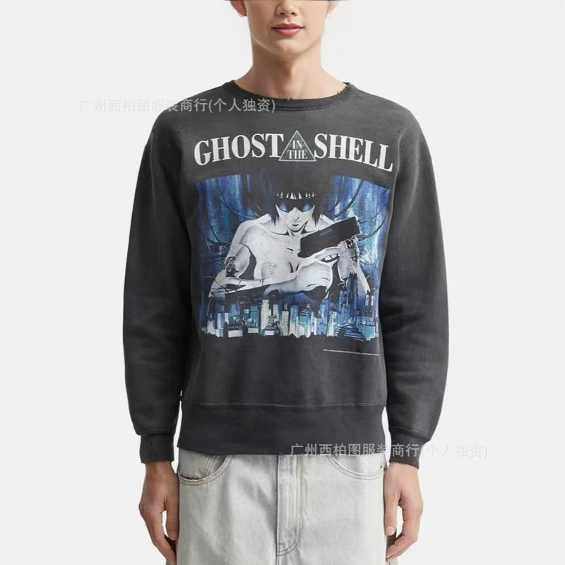Saint Mxxxxxx 25Ss Ghost in the Shell Washed Vintage Distressed Round-Neck Trendy Brand Sweatshirt Saint Mxxxxxx 25Ss Ghost in the Shell Washed Vintage Distressed Round-Neck Trendy Brand Sweatshirt
