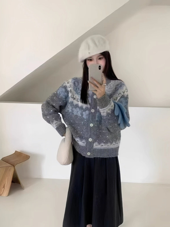 北欧复古费尔岛提花针织开衫女秋冬新款甜美宽松慵懒风毛衣外套厚|undefined