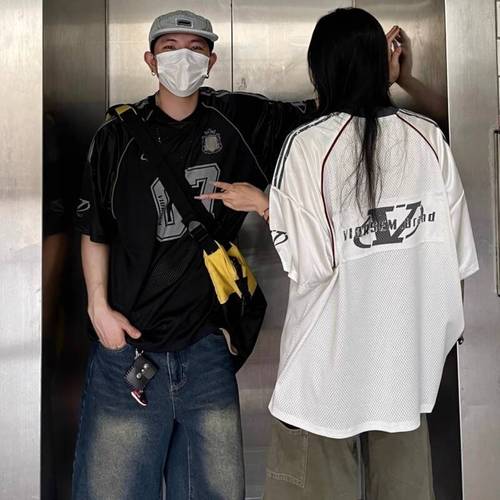 Vintage American Style Long-Sleeve T-Shirt Trendy Brand Quick-Dry Mesh Breathable Loose Casual V-Neck Racing Top