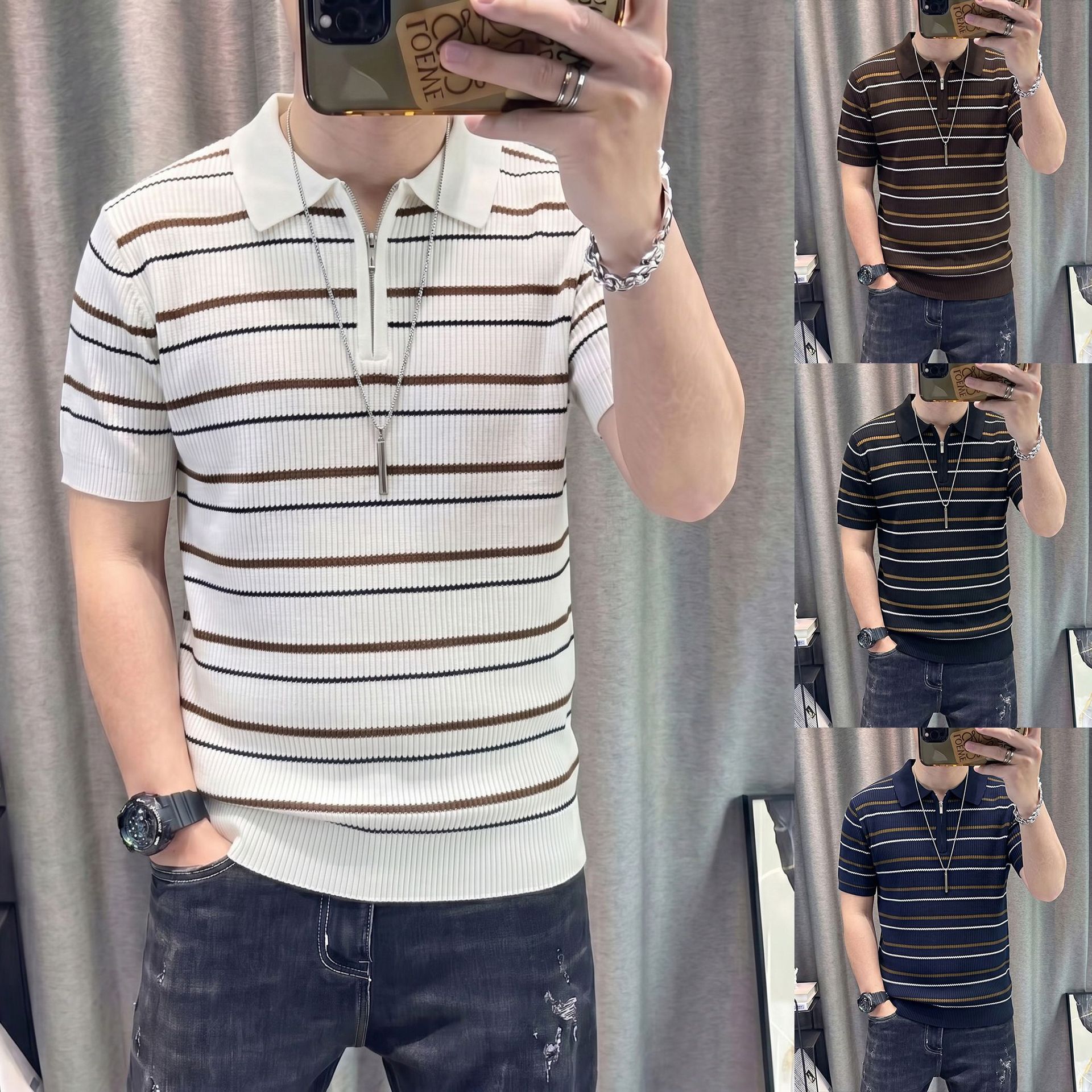 Polo camiseta camiseta de punto camiseta de manga corta camiseta de hombre medio cremallera estriada textural viejo viento de verano fábrica transfronteriza al por mayor