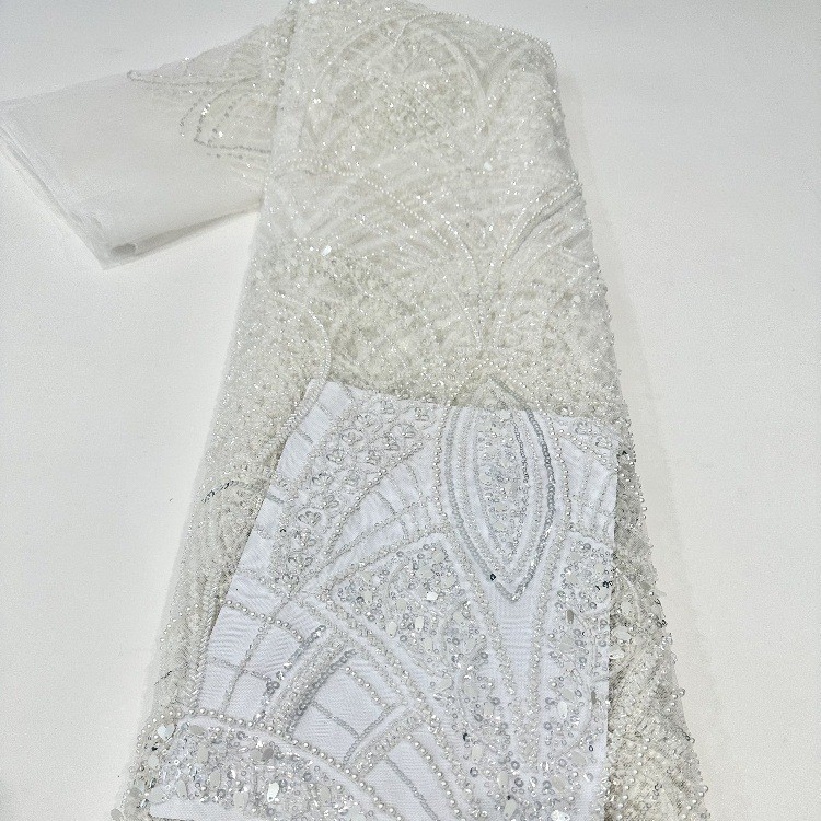 Semillas de melón sequinaria ventilador tubo de perlas tela bordada moda lujosa vestido de boda francés vestido de moda tela