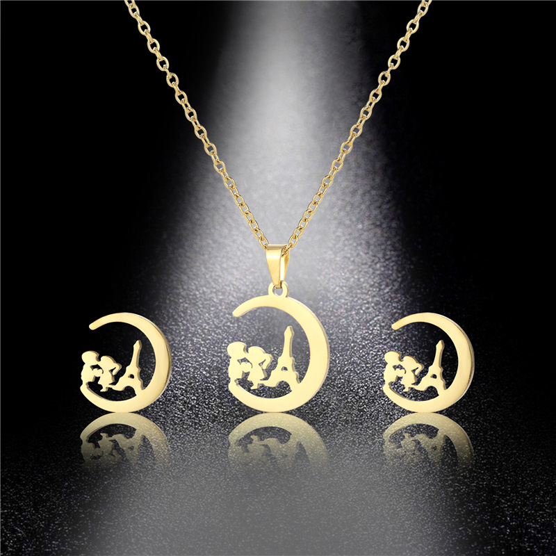 Cute boy girl moon pendant necklace earrings set stainless steel chain set