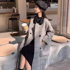 大格纹复古设计感呢子大衣外套中长款秋冬季人字纹时尚毛呢外套女