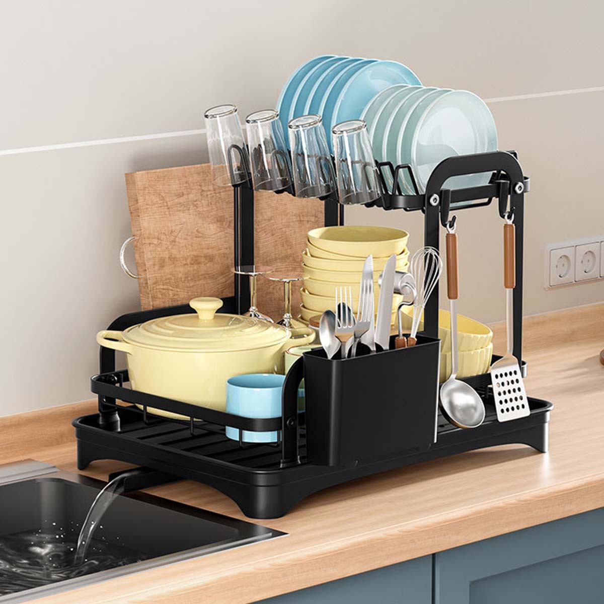 Estante para platos de doble capa de hierro plano negro transfronterizo, mesa sin perforación, estante para desagüe de vajilla de dos capas, estante para colgantes de cocina