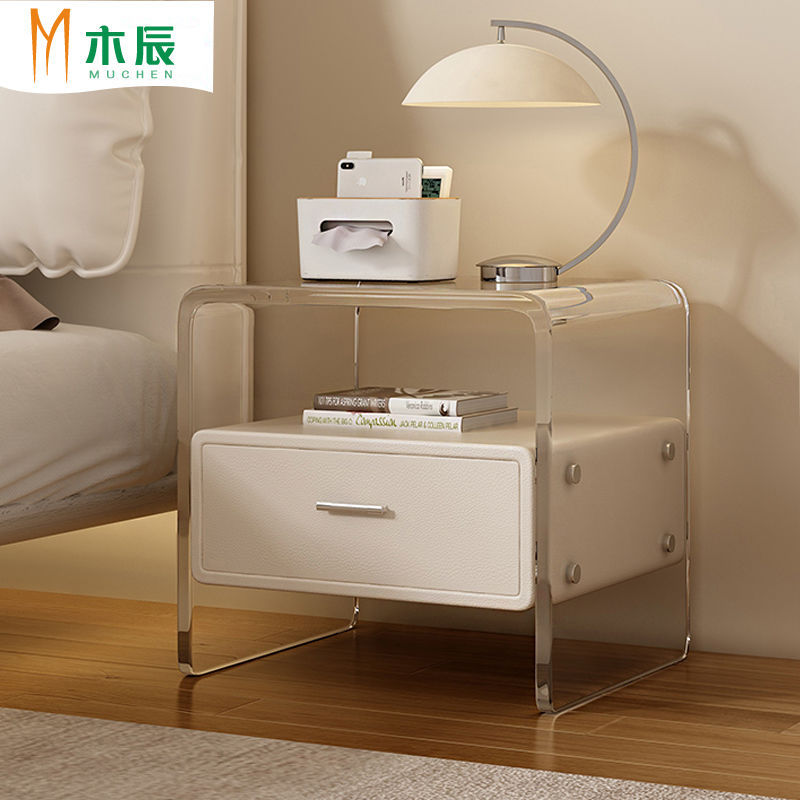 Acrylic Bedside Table Solid Wood Modern Simple Multi-Functional Lockable Cream Style High-Looking Children's Room Side Cabinet Small