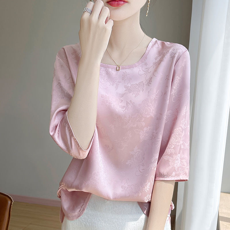 New Chinese Style Round Neck 25 Summer Pullover Top Loose Jacquard Satin Top Shirt Three-Quarter T-Shirt
