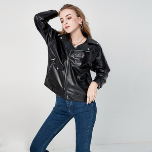 欧美机车皮夹克女装横拉链皮衣女短款修身皮衣外套图片