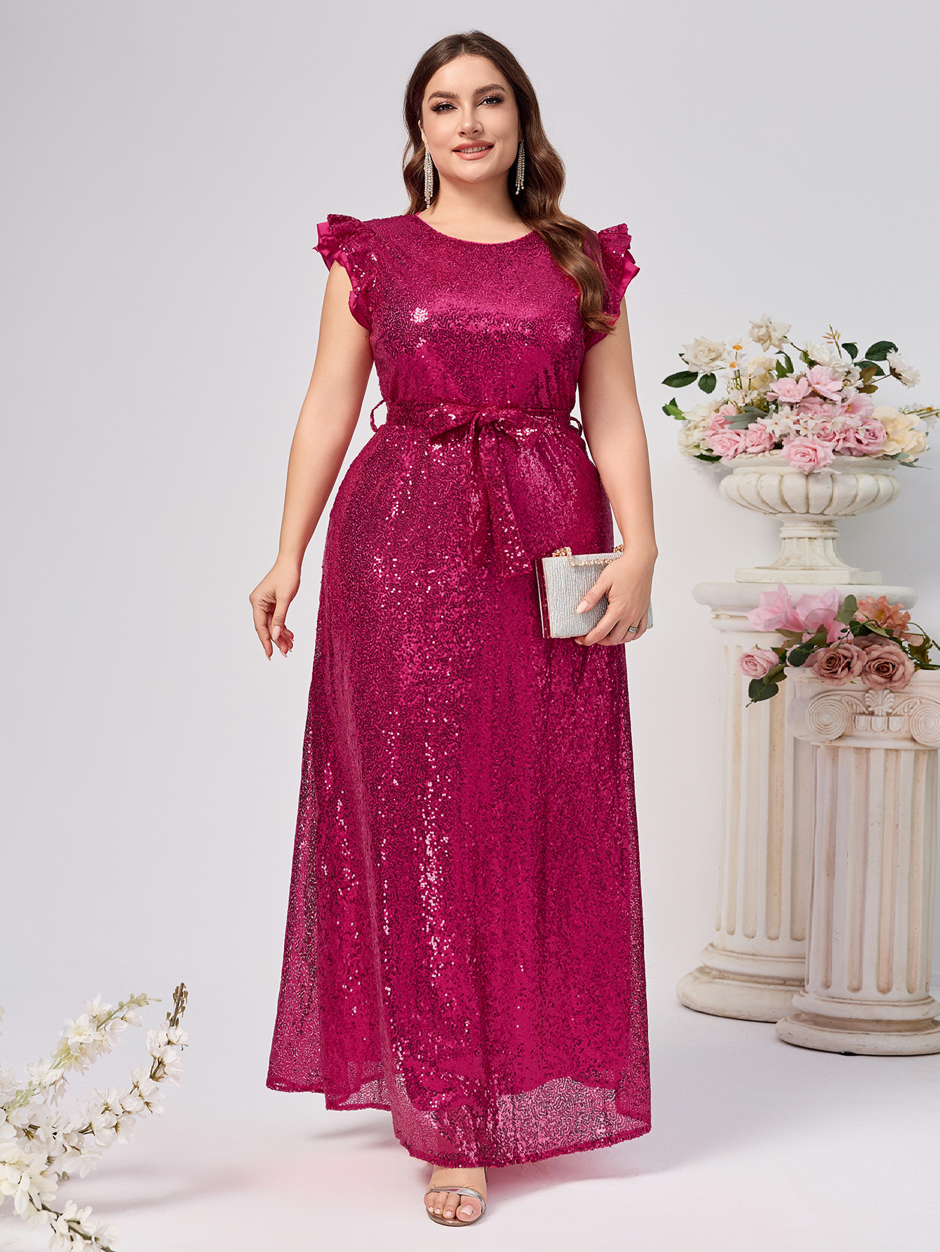 Ropa de mujer de talla grande comercio exterior nueva ropa de mujer vestido de lentejuelas sin mangas cinturón cuello redondo falda media vestido sexy fiesta