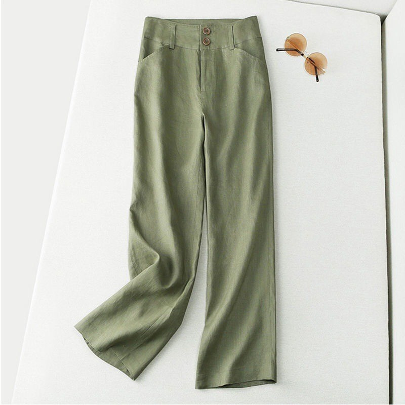 Flowy Linen Straight-Leg Pants for Women, 2026 Summer New Style, Semi-Elastic High-Waisted Slimming Casual Pants, Cotton-Linen Wide-Leg Long Pants