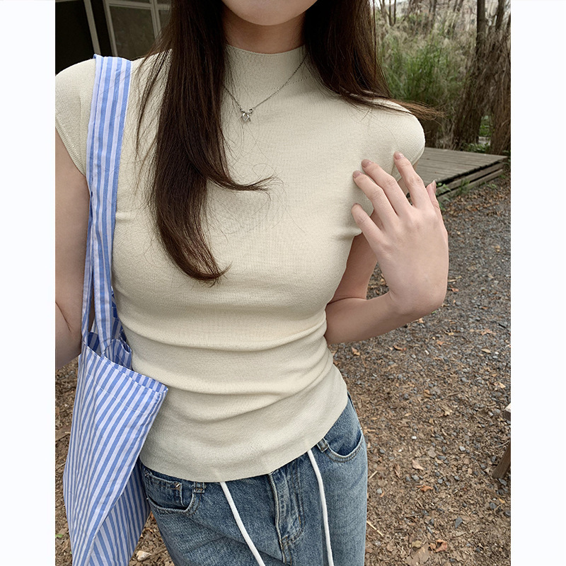 Korean Style Slim Fit Versatile Short Knit T-Shirt for Women 2026 Spring/Summer New Half-High Collar Niche Slimming Short-Sleeve Top Korean Style Slim Fit Versatile Short Knit T-Shirt for Women 2026 Spring/Summer New Half-High Collar Niche Slimming Short-Sleeve Top