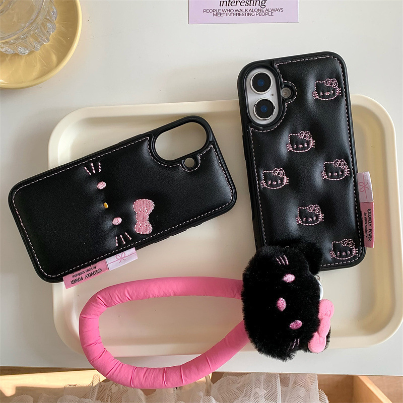 刺绣粉色卡通kitty16promax适用苹果15promax毛绒手绳14pro/13pro|undefined