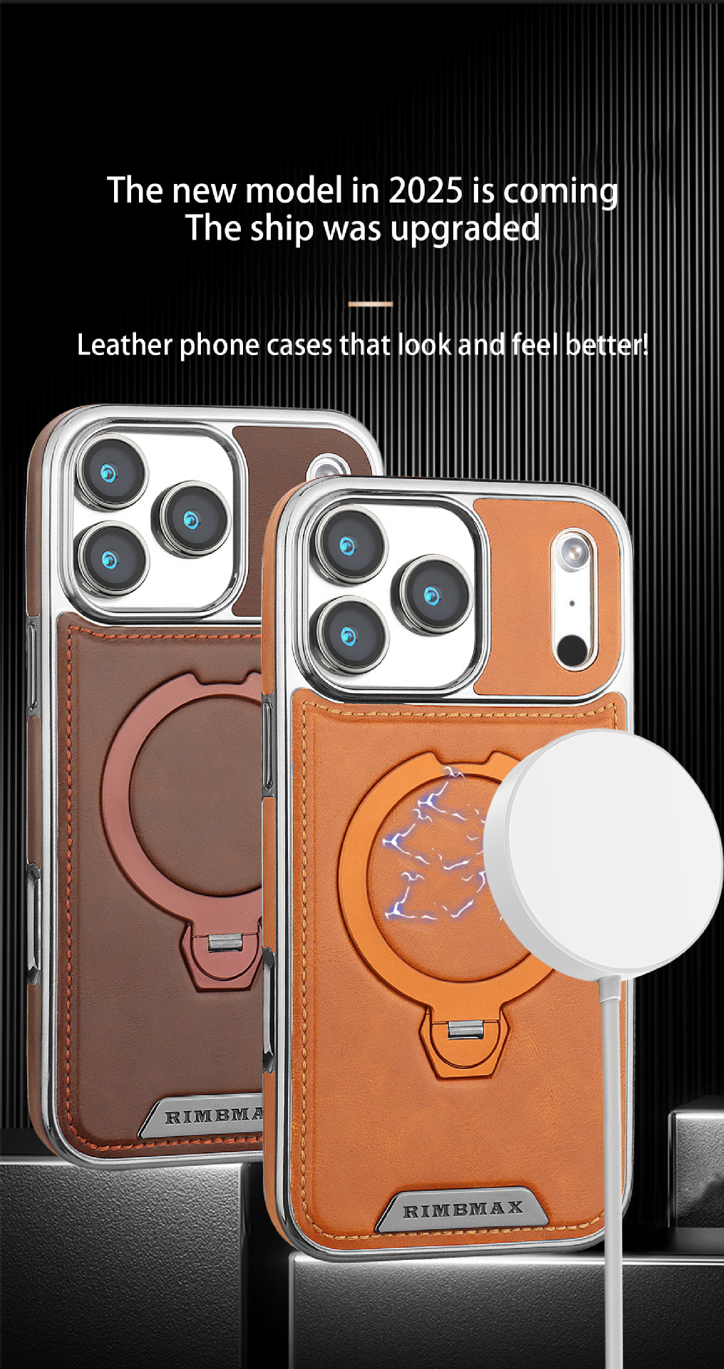 Ốp lưng da cao cấp cho iPhone 16, chống rơi, tích hợp giá đỡ từ tính xoay — Màu đen, Nâu thanh lịch, Nâu mocha, Màu xám chi tiết 14