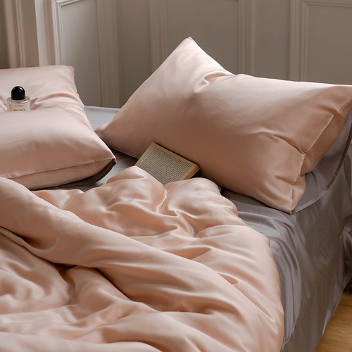 60S Lenzing Tencel four-piece set simple solid color silky cool bed sheet quilt cover sleeping naked ice silk bedding summer 4