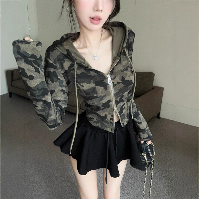 Pure Desire Hot Girl Camouflage Hooded Short Tops T-Shirt Women's V Neck Zipper Waist Tight Long Sleeve Cardigan Crop Top Pure Desire Hot Girl Camouflage Hooded Short Tops T-Shirt Women's V Neck Zipper Waist Tight Long Sleeve Cardigan Crop Top