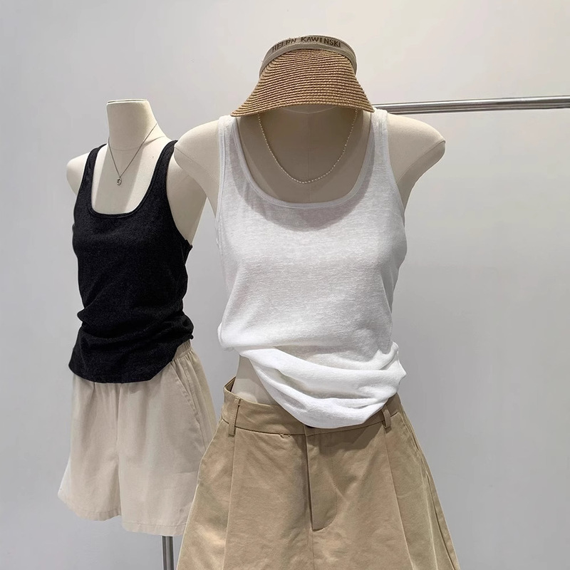 Hong Kong Style Pure Desire Seaside Workwear Sports Vest for Women Summer New U-Neck White Inner Bottoming Sleeveless Top