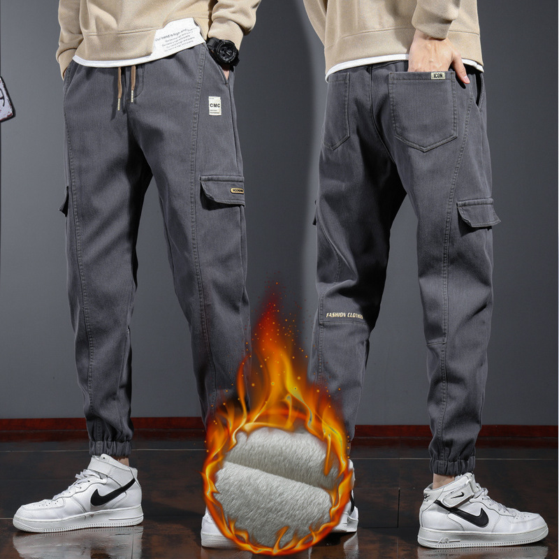 Pantalones casuales de otoño e invierno para hombres pantalones completos ropa de trabajo suelta con forro polar Pantalones deportivos pantalones de terciopelo engrosados de una sola pieza para hombres