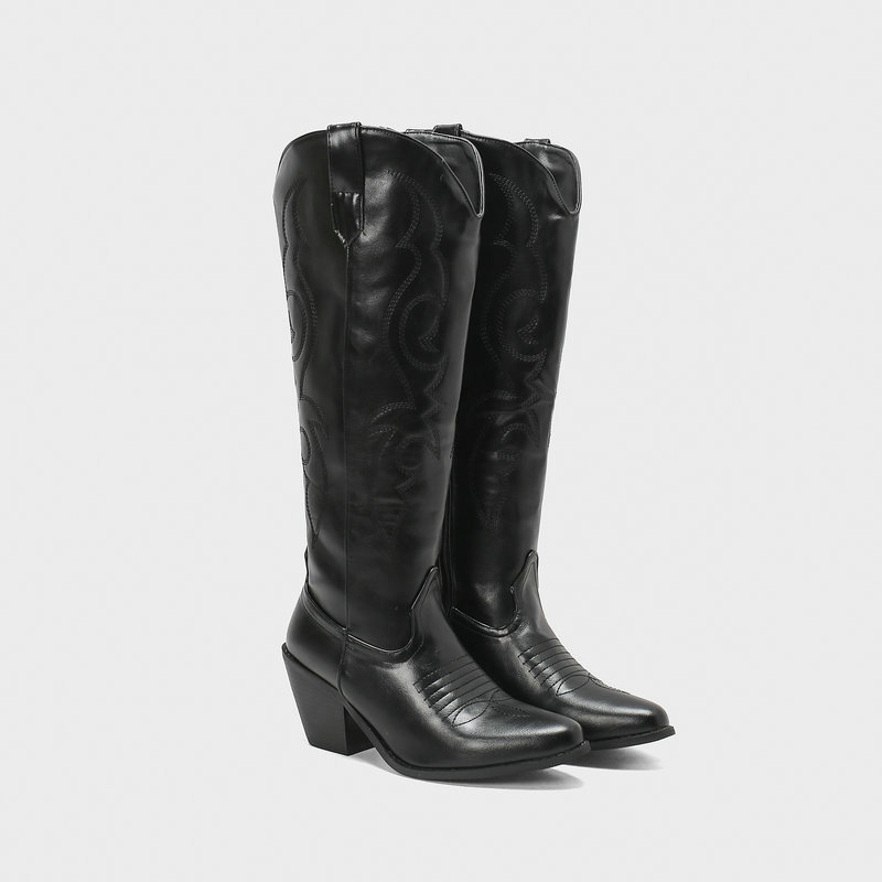 Stivali da cowboy da donna Stivali da cowboy alti e appuntiti da ragazza ricamati, stivali rusticali vintage con tacco spesso e cerniera laterale_voghion.com