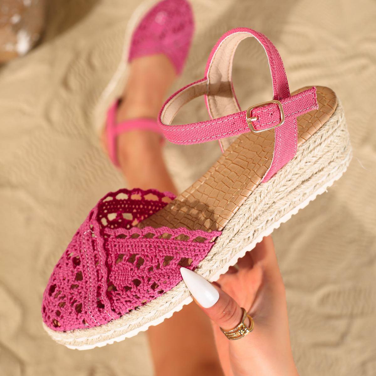 Sandalias de Cuña con Suela Tejida Transpirable con Hebilla Suela EVA
