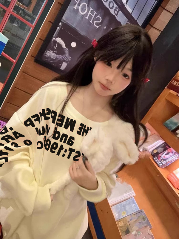 美式辣妹字母印花卫衣女秋冬新款宽松斜肩设计感长袖上衣|undefined