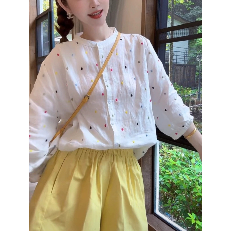 薄款防晒波点刺绣衬衫女夏新款法式复古时尚百搭中袖上衣