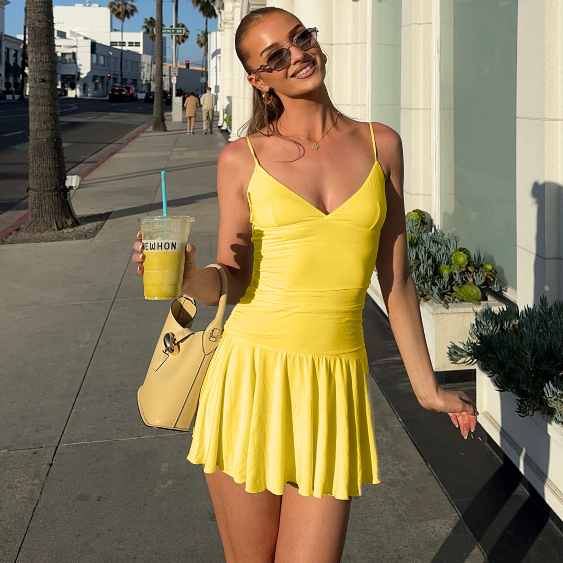Women Fashion Sexy Deep V Neck Spaghetti Strap Bodycon Slim Fit Smocked Cocktail Party Night Out Pencil Dress_ecoleips.com