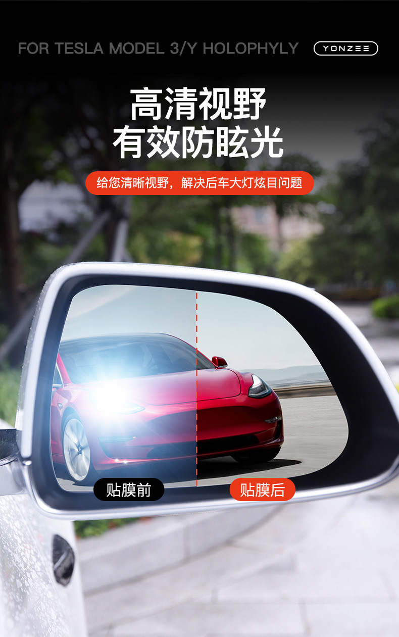Suitable for Tesla Model 3Y Rearview Mirror Rainproof Film, Nano Anti-Fog Rearview Reflective Reversing Mirror Waterproof Film