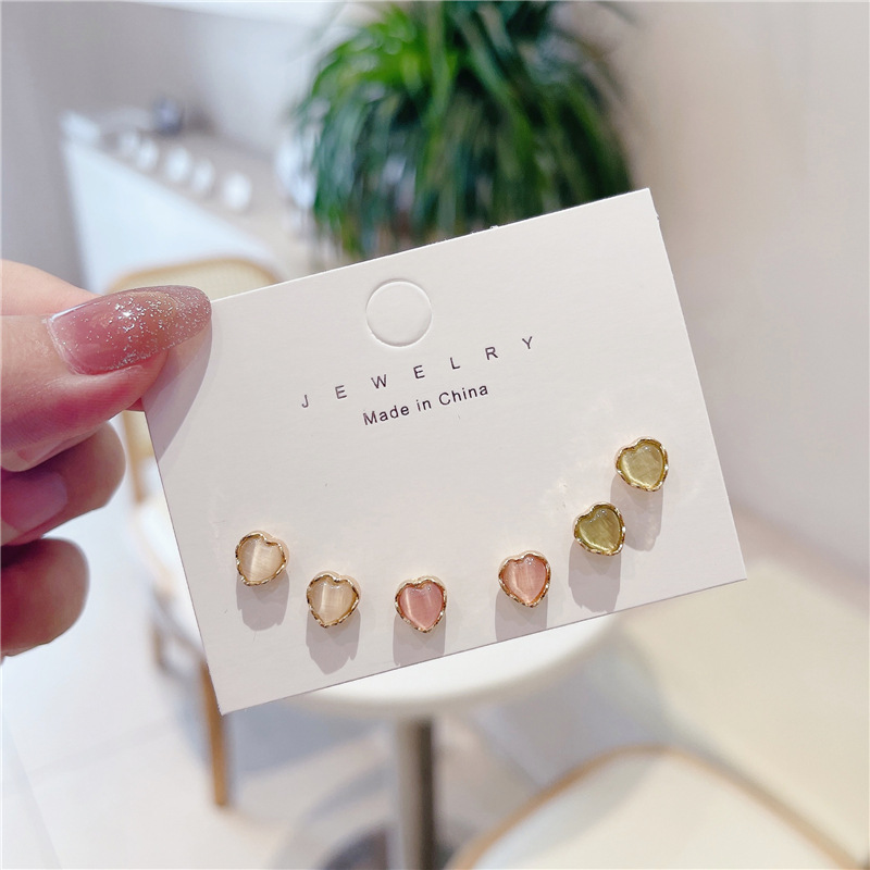 Women's Gender Stoving Varnish, Plating, Inlay Design 1 Pair Cute Sweet Heart Shape Stoving Varnish Plating Inlay 925 Sterling Silver Cat's Eye Stone Ear Studs