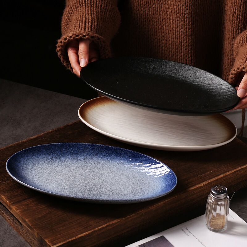 Ceramic Rock-Patterned Oval Fish Plate for Home Use, Light Luxury Salad Plate, Underglaze Color Barbecue Plate, Dinner Plate, Steamed Fish Plate