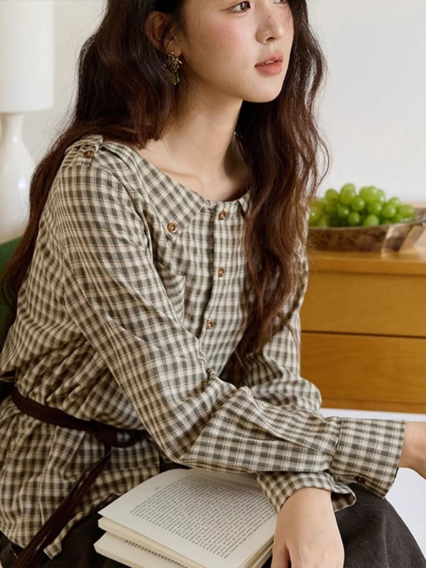 哥家商场同款女装2025秋季斜插袋撞色纽扣收腰衬衣绿格船领衬衫|undefined