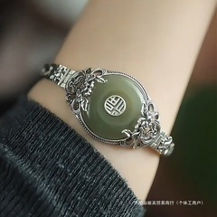 民族风925银复古福字平安扣牡丹花手镯女中国风做旧小众气质手链