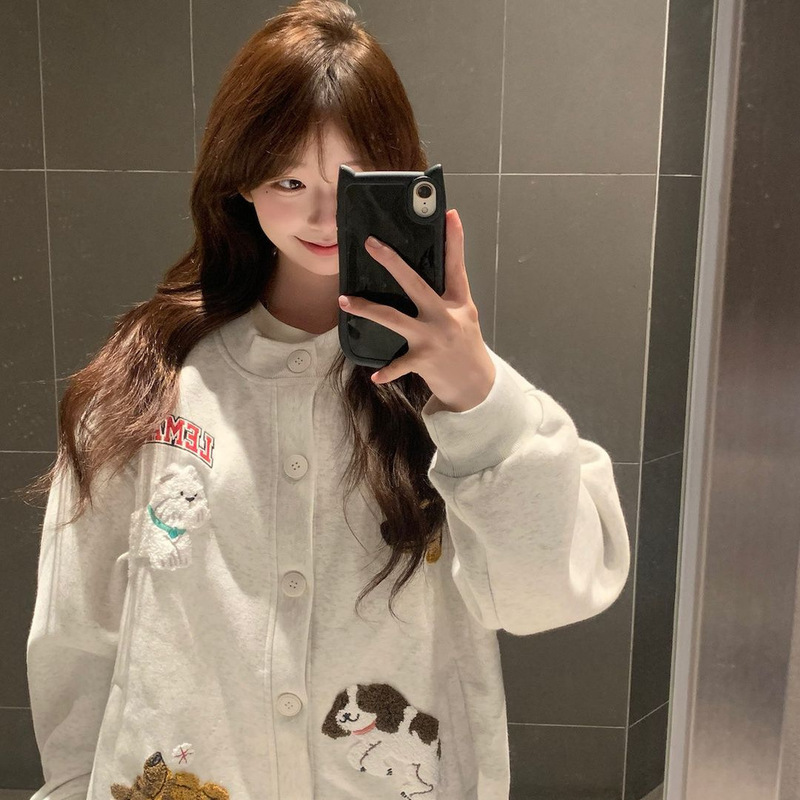 American Cartoon Cute Puppy Embroidered Sweatshirt Jacket Baseball Uniform Women's Cardigan Lazy Style Loose Jacket Women