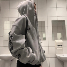 潮流设计款重磅字母刺绣连帽卫衣男女秋宽松辣妹风拉链外套原宿风
